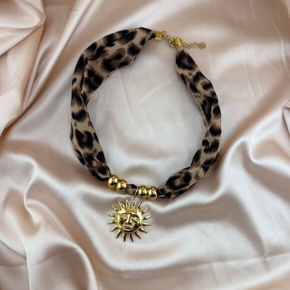 Leopard Print Scarf Necklace with Gold Sun Pendant – Bold, Glamorous & Unique - Picture 4 of 13
